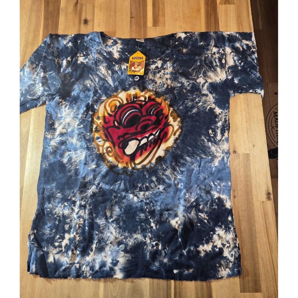 ​Kids Balinese Barong Graphic Shirt Blue Tie Dye Batik Unisex S